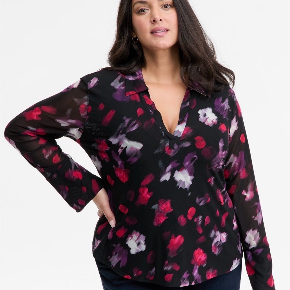 Macy’s INC International Concepts Ava Blooms Collared Mesh Floral Blouse